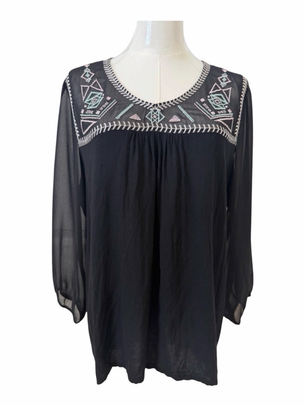 Kori America Black Embroidered Semi-Sheer Peasant Top Size L